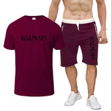 Balmain T Shirt & Sweatpant 2 Piece Set Letter Print Men's Short-Sleeved T-shirt 5 Pants Suit