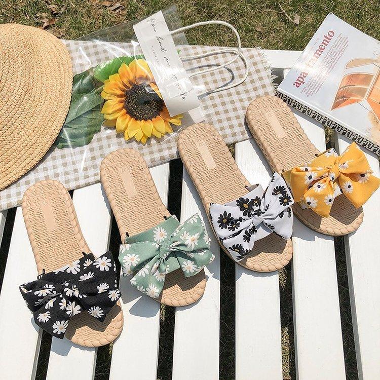 Women Open Toe Sands Flats Summer Fashion Word Bow Flat-Heeled Sandals