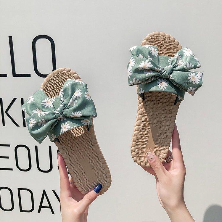Women Open Toe Sands Flats Summer Fashion Word Bow Flat-Heeled Sandals