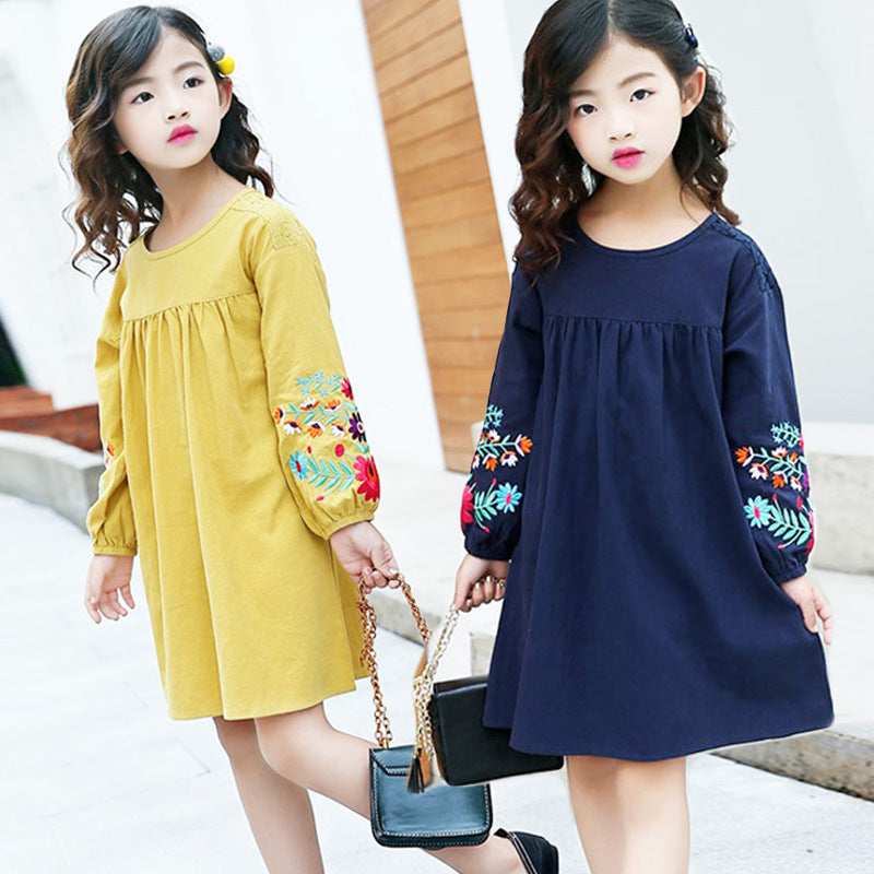 Girl Dress Spring and Autumn Embroidered Long-Sleeved Dress