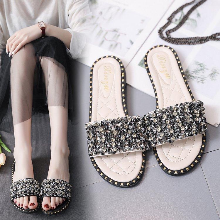 Women Open Toe Sandals Flats Summer Fashionable Sequins Flat Heel Sandals