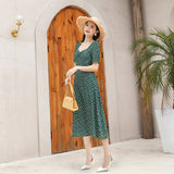 Milkmaid Square Collar Summer Short Sleeve Waist-Tight Seaside Holiday Floral Midi Dress