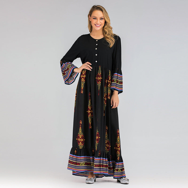 Muslim Women Stylish Kashibo Abaya Muslim Ladies Long Gown Islamic Clothing Jilbab Jalabiya Fashion Casual Loose Long Sleeve Print Dress