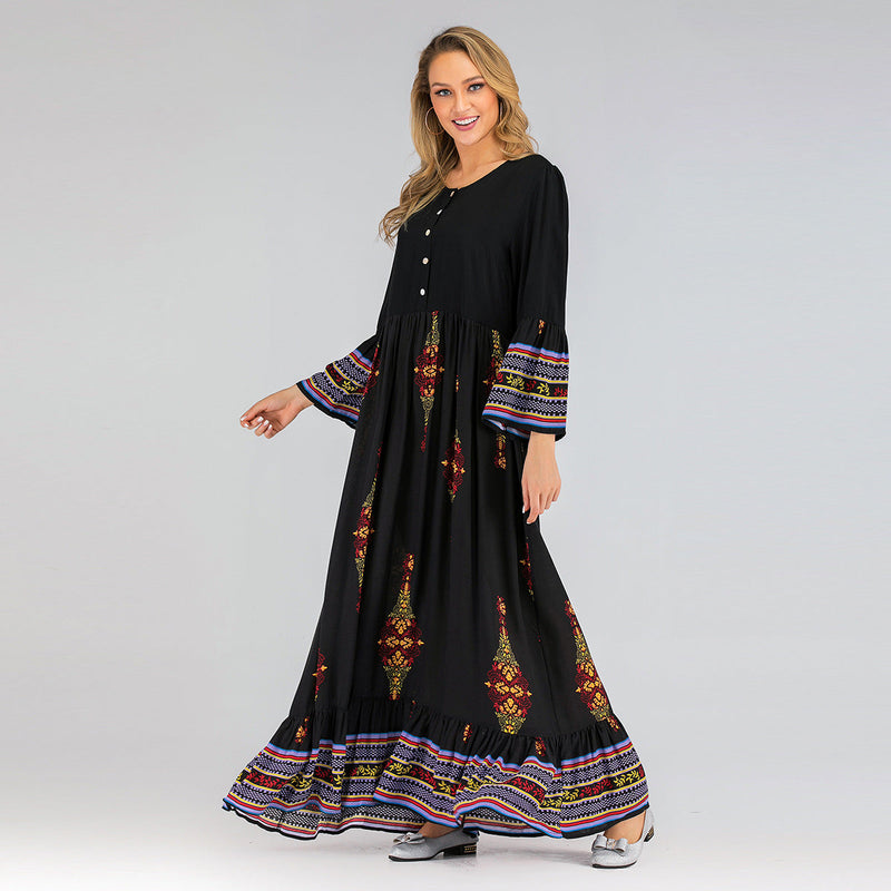 Muslim Women Stylish Kashibo Abaya Muslim Ladies Long Gown Islamic Clothing Jilbab Jalabiya Fashion Casual Loose Long Sleeve Print Dress