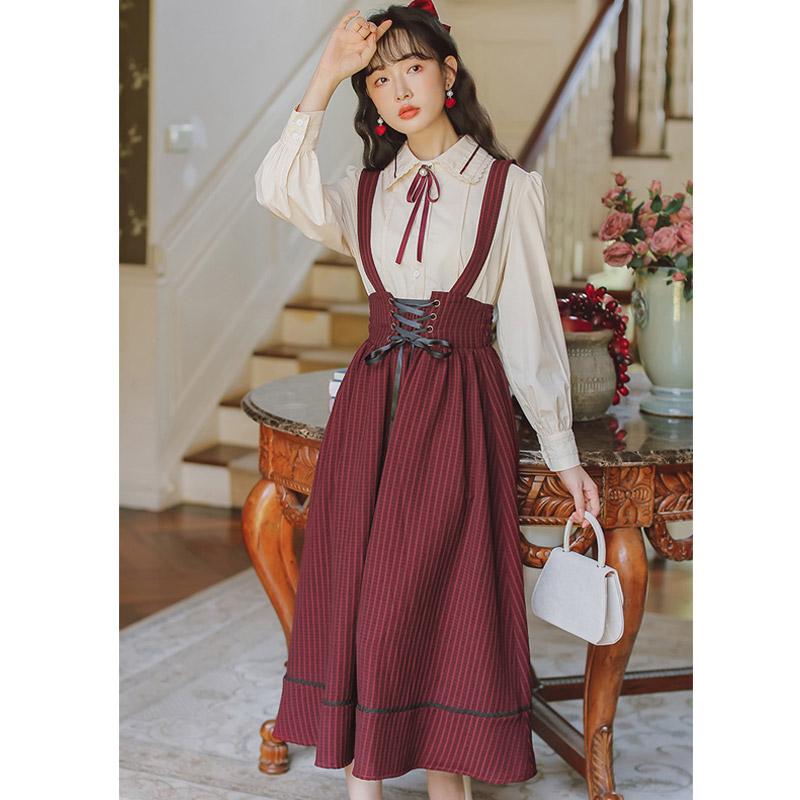 Vintage Long Sleeve Shirt & Suspender Skirt Two-Piece Set Cottagecore Outfit