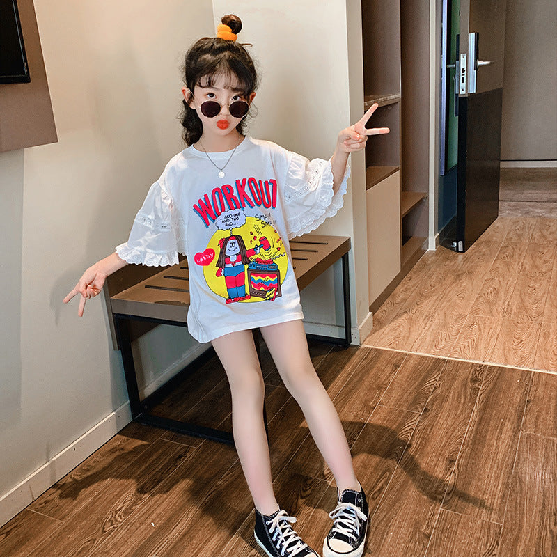 Summer Cartoon Short Sleeve T-shirt Girls Ruffle Flare Sleeve Loose Children Girl's Summer Clothes