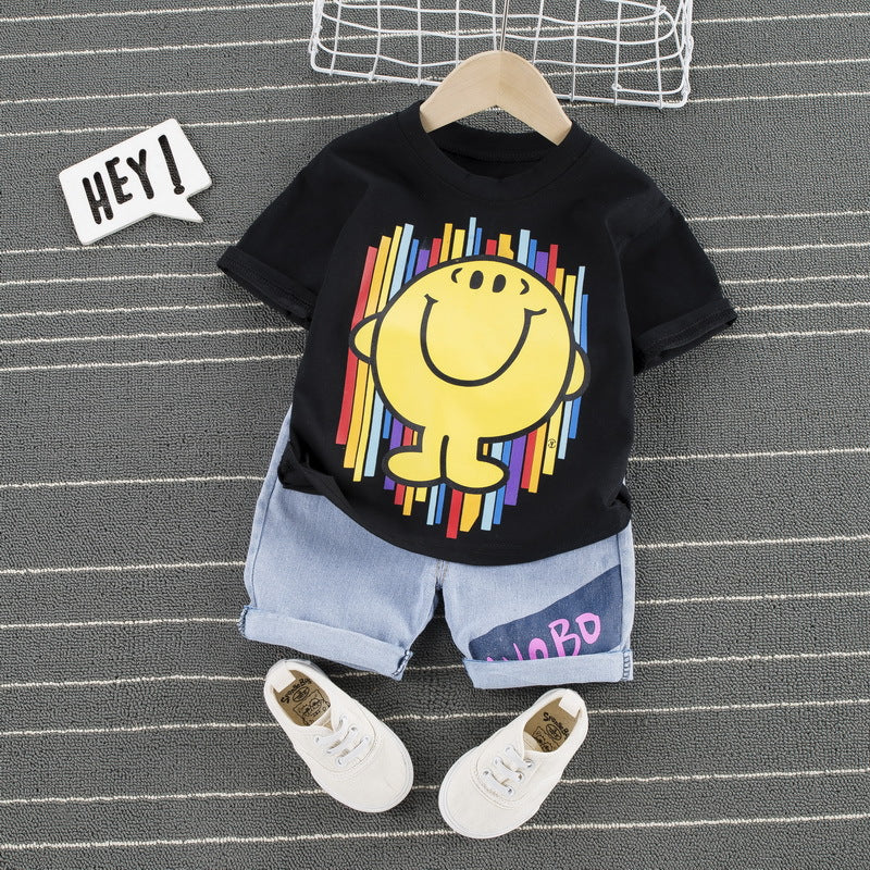 Children Boy Co Ord Summer Short Sleeve T-shirt Jeans Cartoon Smiley Rainbow 2 Piece Set