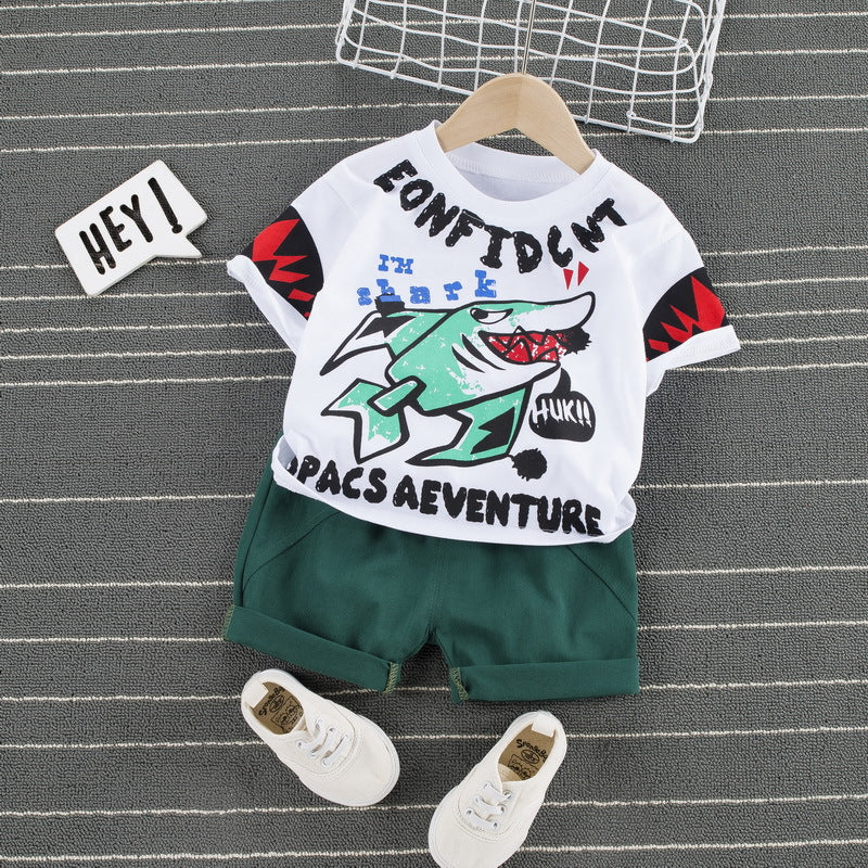 Children Boy Co Ord 2 Piece Set Summer Fashion Set Cartoon Shark Short-Sleeved T-shirt 2-Piece Set