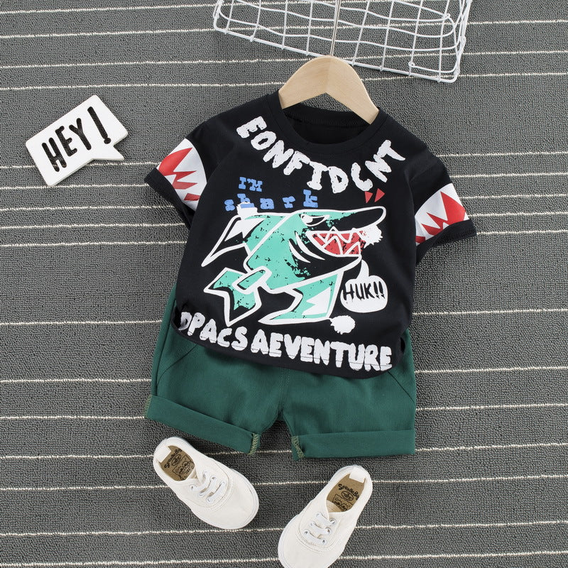 Children Boy Co Ord 2 Piece Set Summer Fashion Set Cartoon Shark Short-Sleeved T-shirt 2-Piece Set