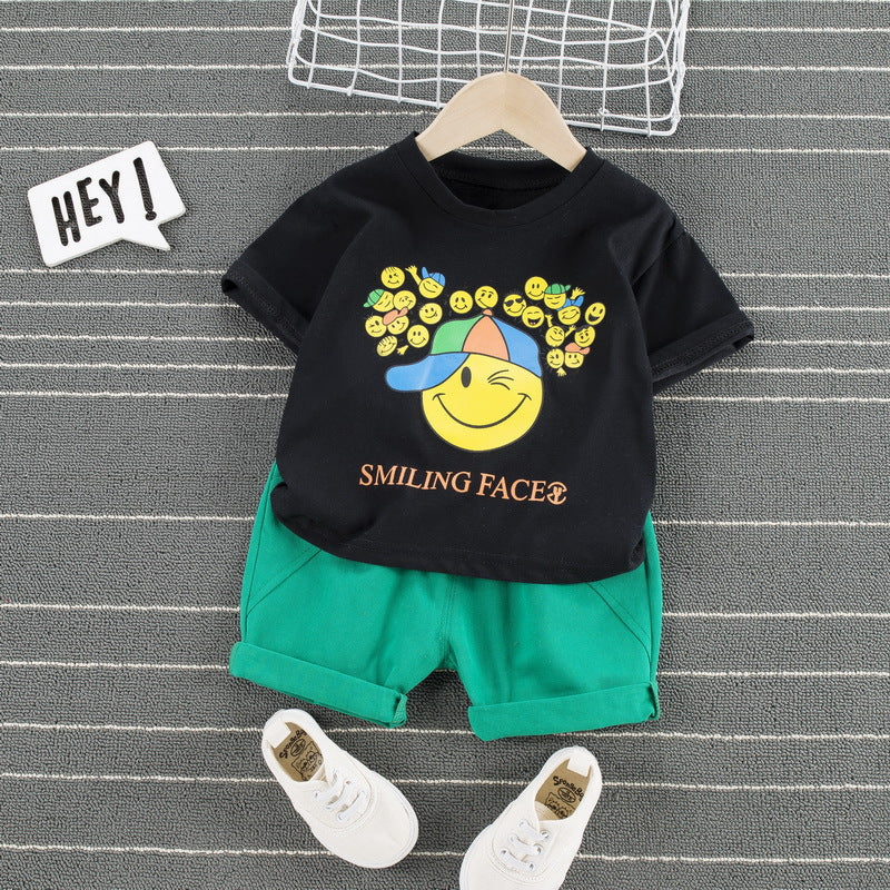 Children Boy Co Ord 2 Piece Set Summer Boy's Short-Sleeved T-shirt Set Cartoon Smiley Face