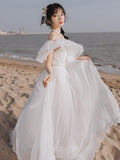 White Sexy Off-Shoulder Dress Chiffon Dress Bohemia Retro Vintage Cottagecore Aesthetic Flowy Victoria Cottage Core Boho Dress