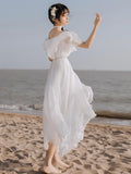 White Sexy Off-Shoulder Dress Chiffon Dress Bohemia Retro Vintage Cottagecore Aesthetic Flowy Victoria Cottage Core Boho Dress