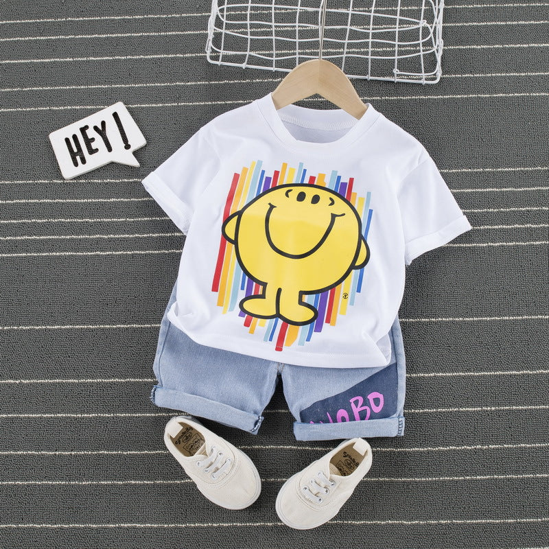 Children Boy Co Ord Summer Short Sleeve T-shirt Jeans Cartoon Smiley Rainbow 2 Piece Set