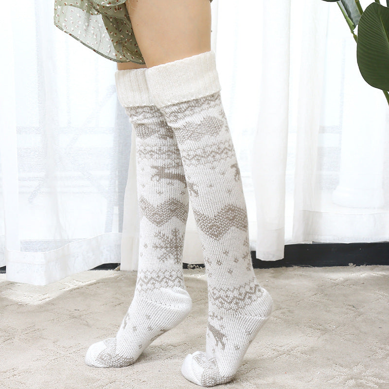 Winter Thick Knit Thigh High Socks Long Stockings Boot Elk Jacquard Christmas Style Socks Wool Stockings