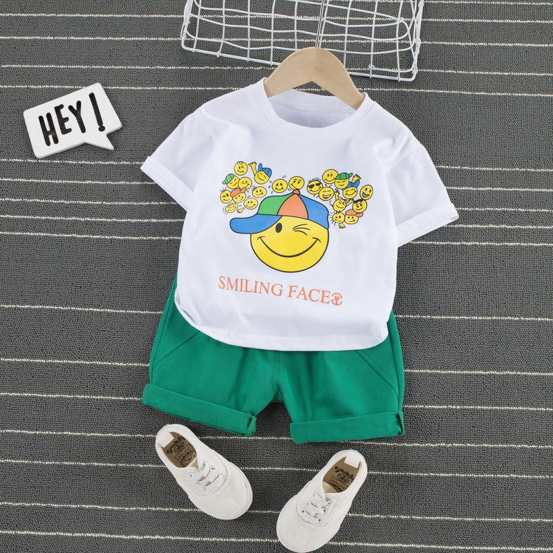 Children Boy Co Ord 2 Piece Set Summer Boy's Short-Sleeved T-shirt Set Cartoon Smiley Face