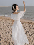White Sexy Off-Shoulder Dress Chiffon Dress Bohemia Retro Vintage Cottagecore Aesthetic Flowy Victoria Cottage Core Boho Dress