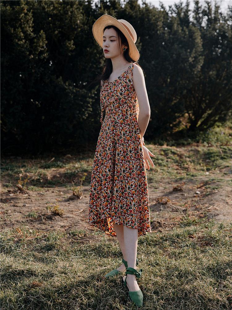 Summer Retro Floral Strap Dress Waist Slimming Bohemia Retro Vintage Cottagecore Aesthetic Flowy Victoria Cottage Core Boho Dress