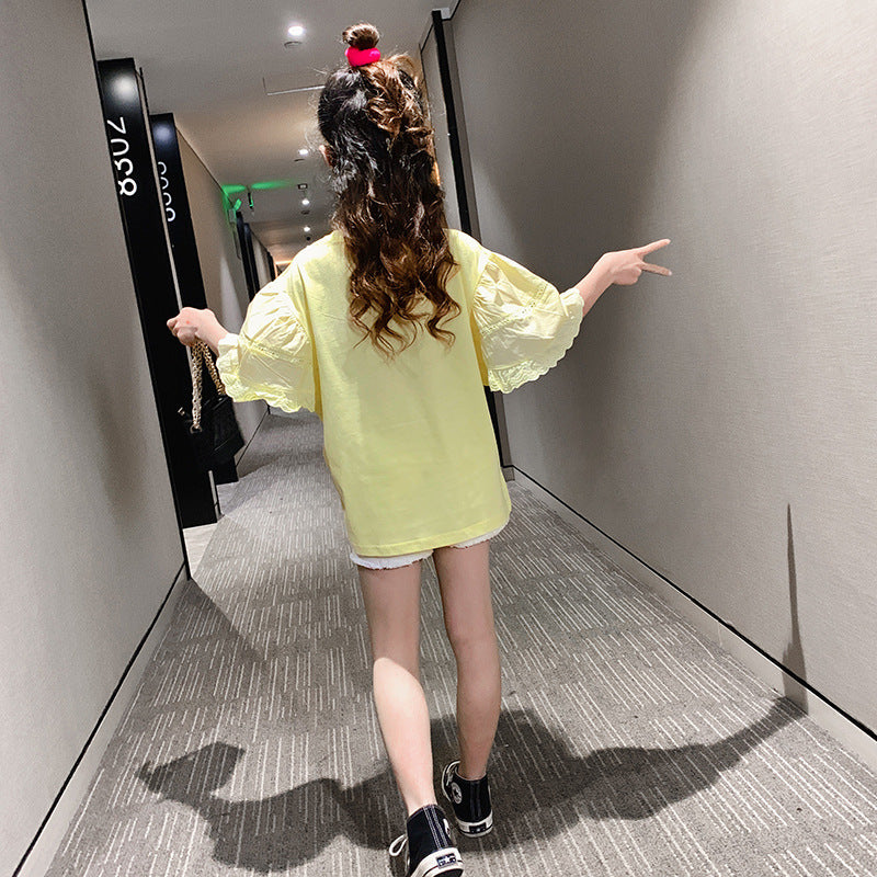 Summer Cartoon Short Sleeve T-shirt Girls Ruffle Flare Sleeve Loose Children Girl's Summer Clothes