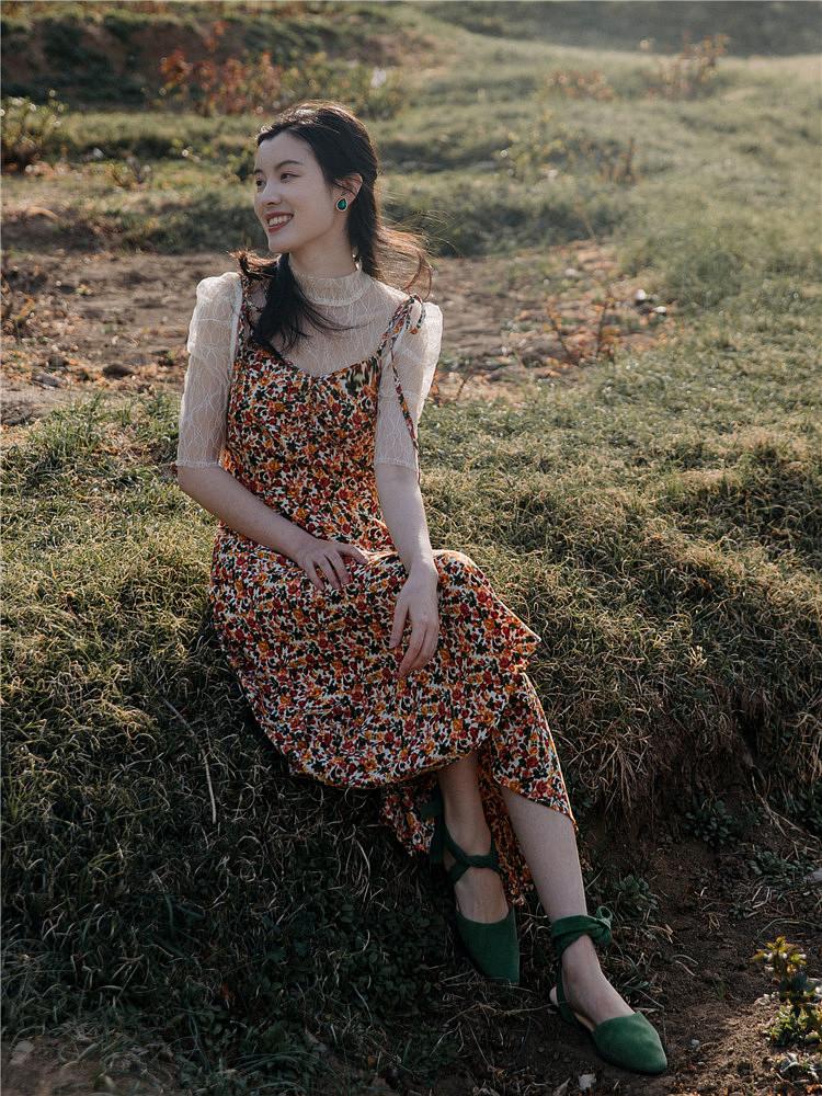 Summer Retro Floral Strap Dress Waist Slimming Bohemia Retro Vintage Cottagecore Aesthetic Flowy Victoria Cottage Core Boho Dress