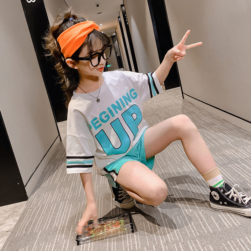 Summer Casual Sports Suit Summer Loose Short-Sleeved Shorts Two-Piece Set Girl's 2 Piece Set