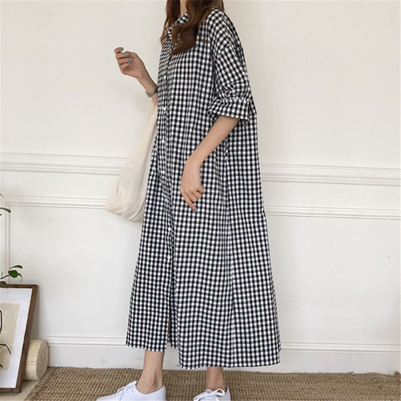 Gingham Dress Cotton and Linen Dress Spring and Summer Loose Short Sleeve Plaid Shirt Dress