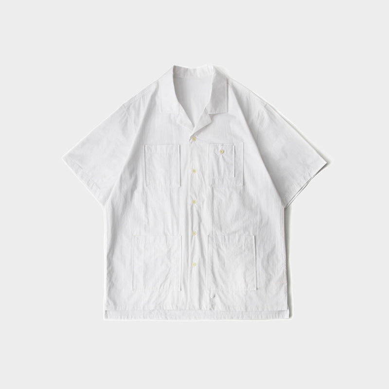 White Work Shirts Japanese Style Workwear Loose Multi-Color Cuban Collar Short Sleeve Shirt for Men