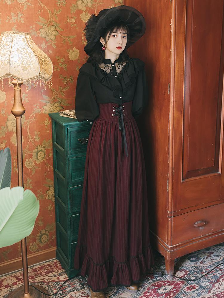 Puff Sleeve Shirt with High Waist Skirt Two-Piece Black Retro Dress Retro Vintage Cottagecore Aesthetic Flowy Victoria Cottage Core Dress