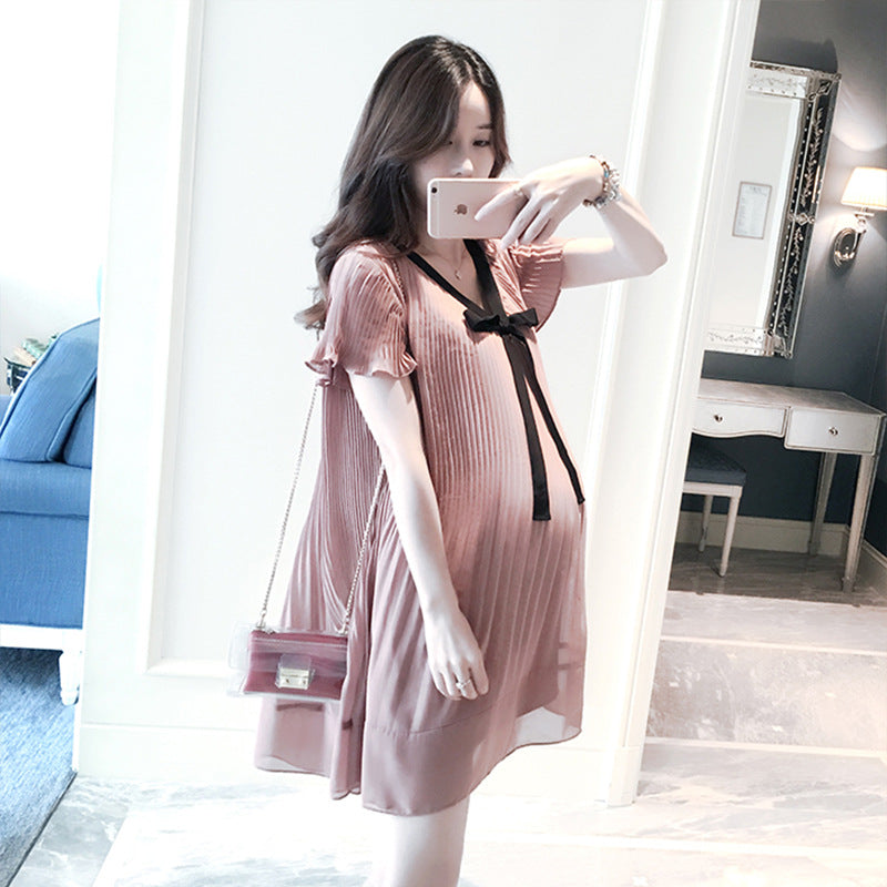 Maternity Clothes Dress Fashion Maternity Dress Summer Pink Pleated Dress
