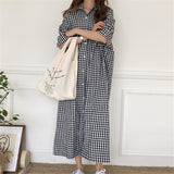 Gingham Dress Cotton and Linen Dress Spring and Summer Loose Short Sleeve Plaid Shirt Dress