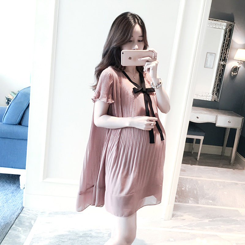 Maternity Clothes Dress Fashion Maternity Dress Summer Pink Pleated Dress