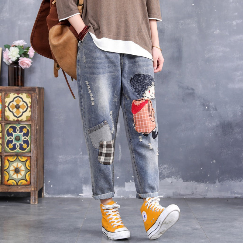 Women Patchwork Jeans Embroidered Ripped Jeans