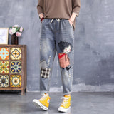 Women Patchwork Jeans Embroidered Ripped Jeans