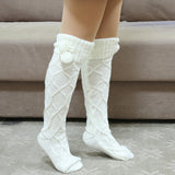 Winter Thick Knit Thigh High Socks Long Stockings Boot Knitted Long Socks Wool Ball Socks Knee Socks Solid Color