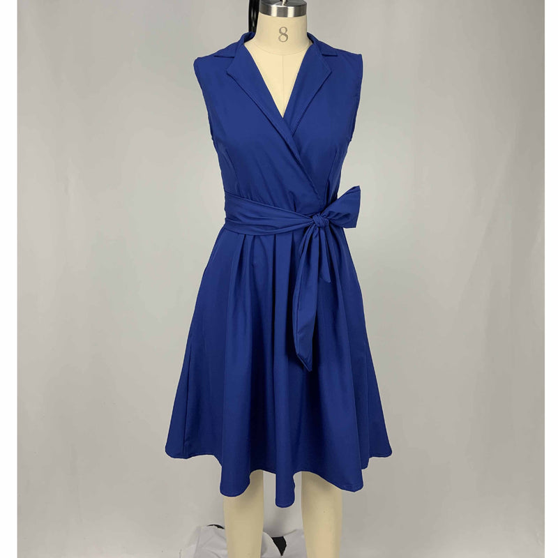 Cocktail Attire for Women Sleeveless Lapel Tied A- line Dress