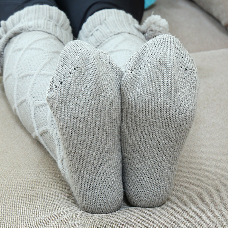 Winter Thick Knit Thigh High Socks Long Stockings Boot Knitted Long Socks Wool Ball Socks Knee Socks Solid Color