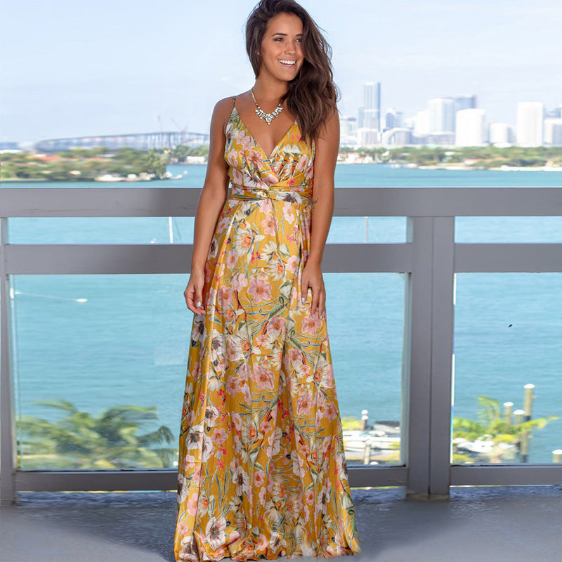 Wedding Guest Dress Spring and Summer Fashion Suspenders Floral Sleeveless Beach Dress