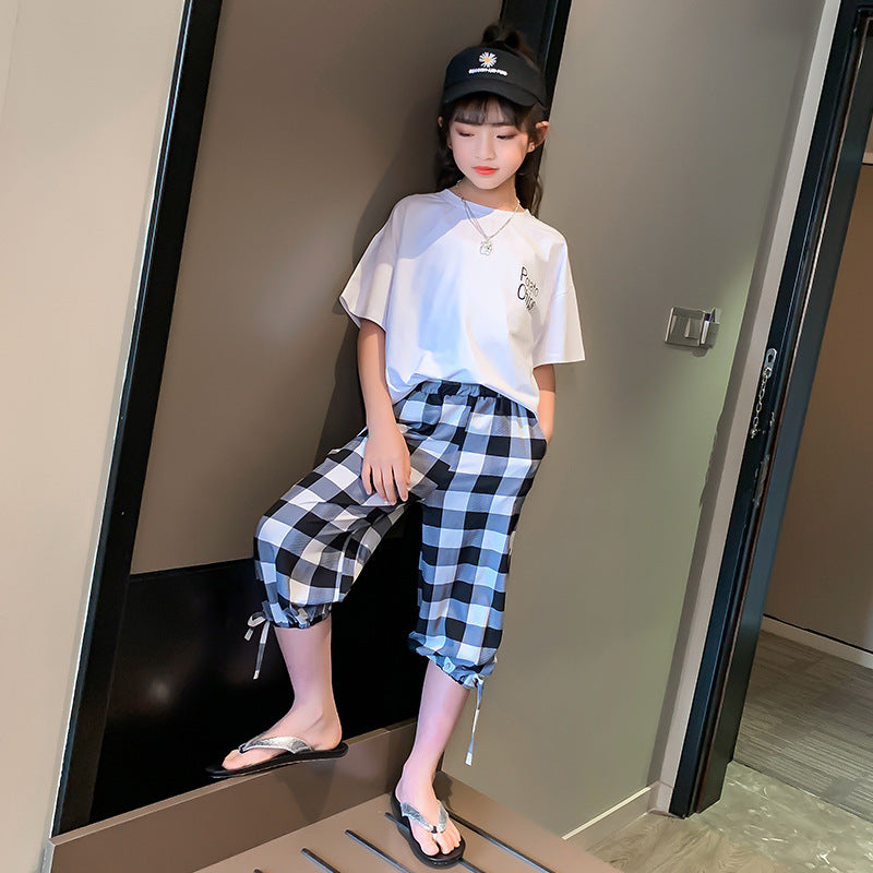 Summer Short-Sleeved Plaid Cropped Pants Two-Piece Girl's 2 Piece Set
