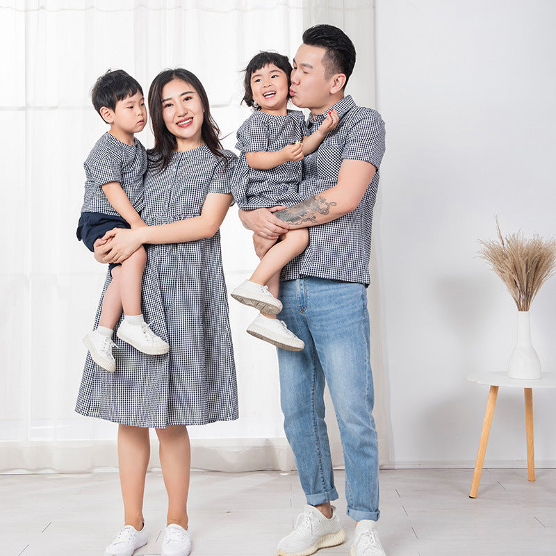 Father Son Matching Dress Shirts Summer Father and Son Stand Collar Short Sleeve Plaid Shirt