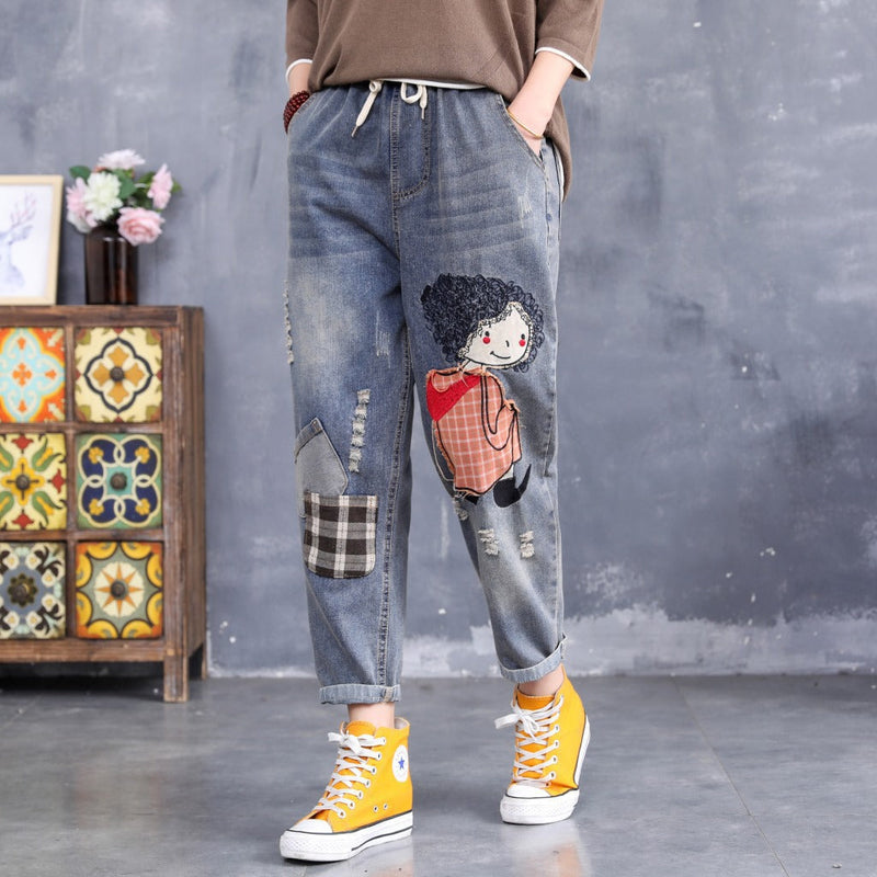 Women Patchwork Jeans Embroidered Ripped Jeans