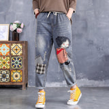 Women Patchwork Jeans Embroidered Ripped Jeans