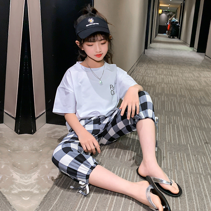 Summer Short-Sleeved Plaid Cropped Pants Two-Piece Girl's 2 Piece Set
