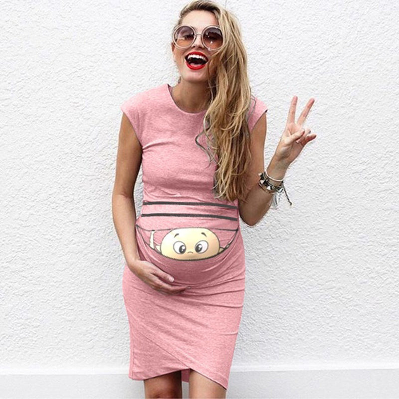 Maternity Clothes Dress round Neck Sleeveless Printed Cute Maternity Dress