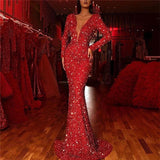 Olivia Wilde Dress Fishtail Red Shiny Long Sleeve V-neck Dress