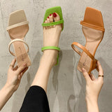 Nude Strappy Block Heels Simple Thick Heel Slippers