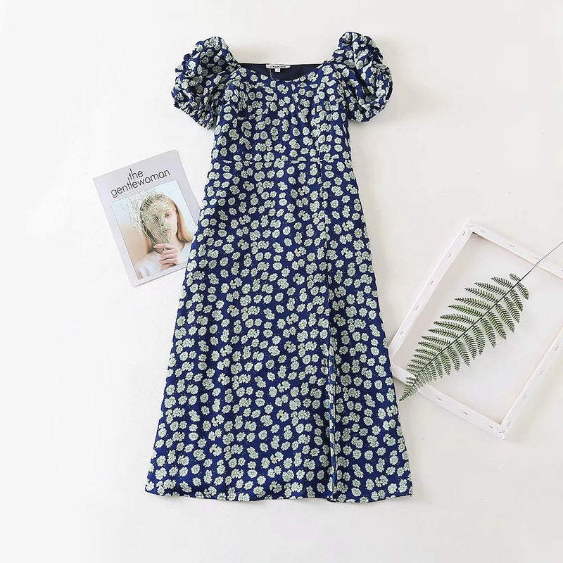 Milkmaid Dresses Summer Floral Square Collar Collect Waist Dress