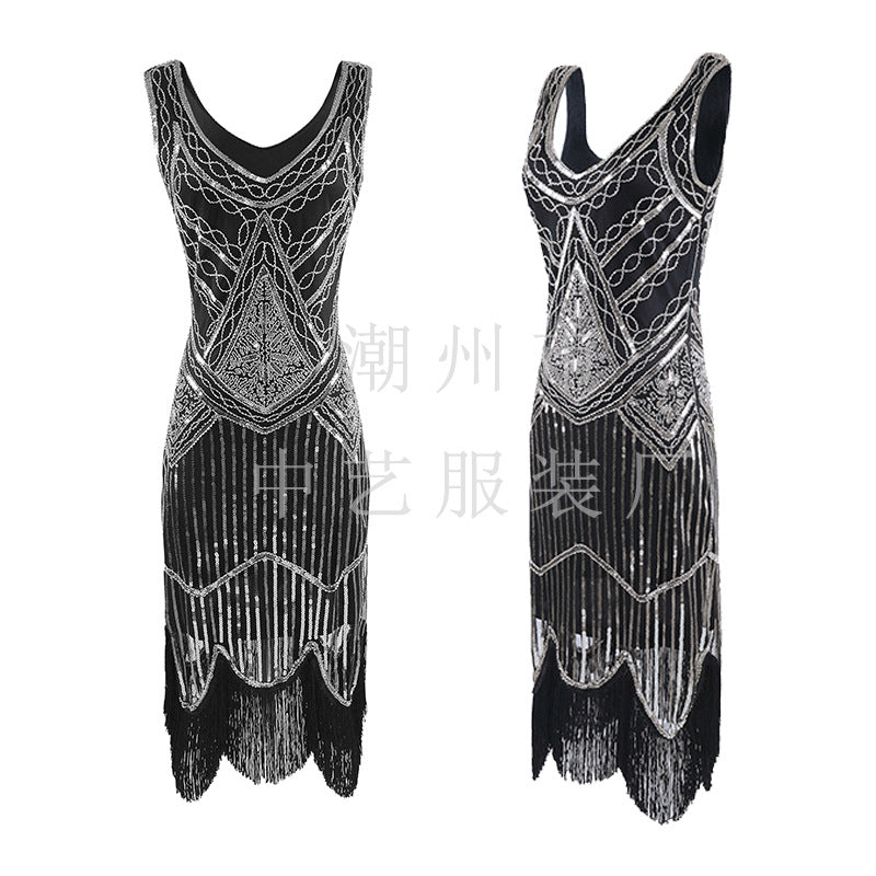 1920S Dress V-neck Tassels Slim-Fit Dress