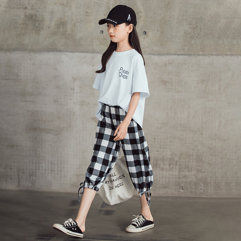 Girls' Suit Cropped Pants Short-Sleeved Two-Piece Set Girl's 2 Piece Set