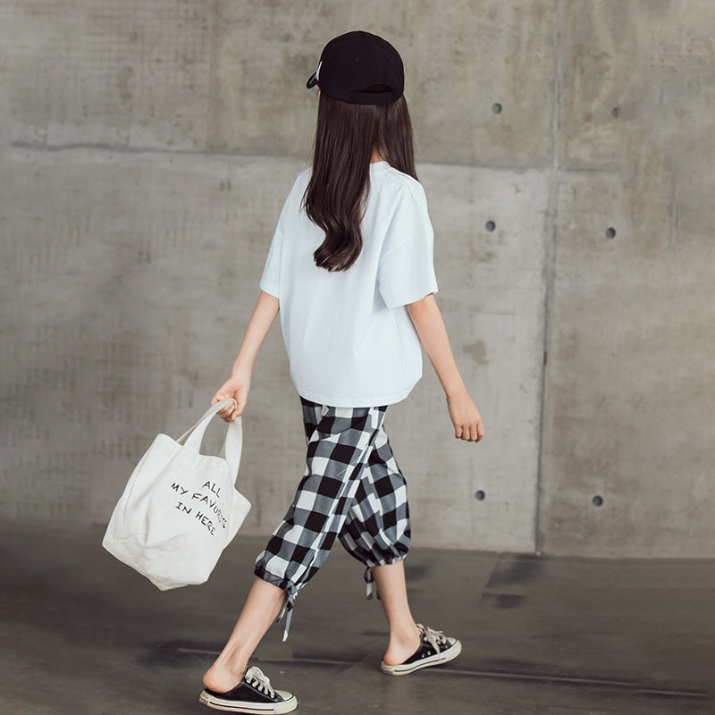 Girls' Suit Cropped Pants Short-Sleeved Two-Piece Set Girl's 2 Piece Set