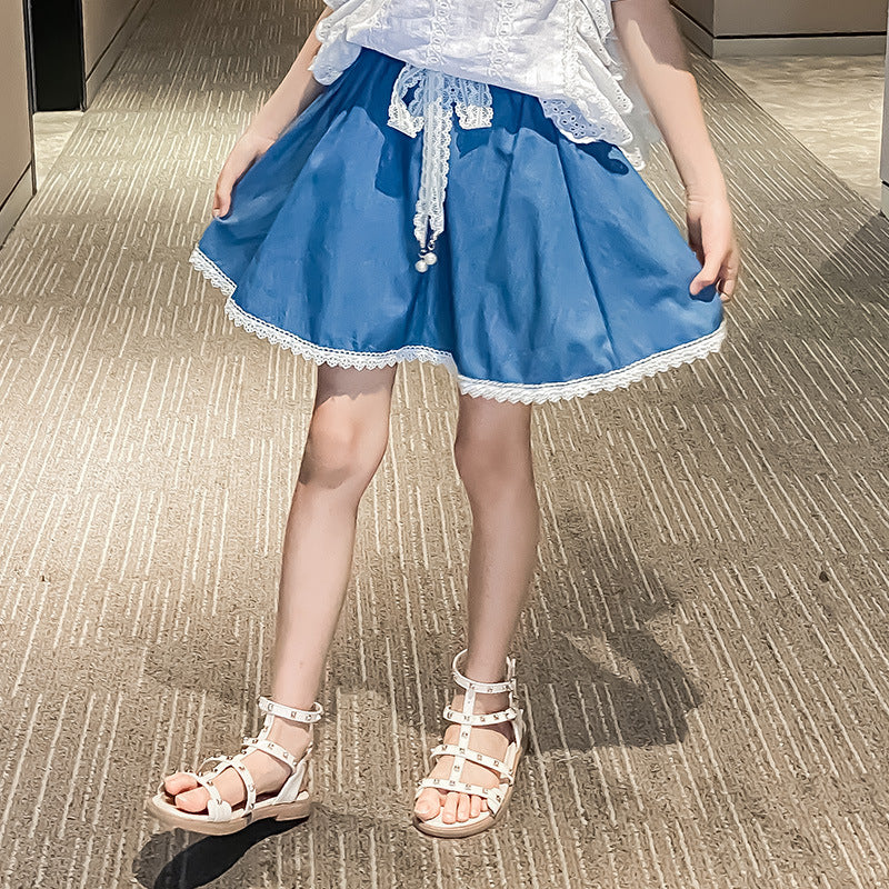 Girl's Miniskirt Summer Denim Skirt Children Korean Lace Skirt Girl Dresses