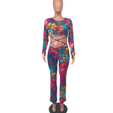 Sexy Lace-up Butterfly Print Jumpsuit Bell-Bottom Pants
